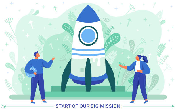 ilustrações de stock, clip art, desenhos animados e ícones de start of our big mission, spaceship and workers characters, rocket symbol on board, innovation - star nautical vessel one person direction