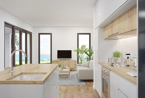 White home interior 3d rendering with sea view.