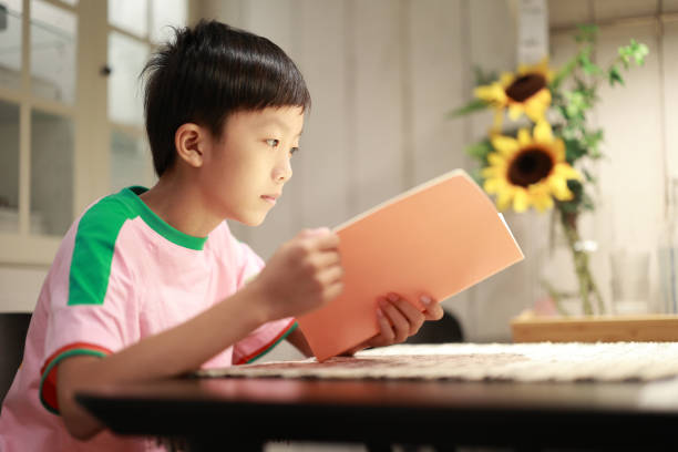 kleine junge malen und schreiben - reading and writing little boys reading asian ethnicity stock-fotos und bilder