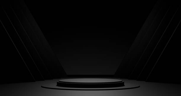 istock 3D Black geometric stage podium. Dark background. 1444329616