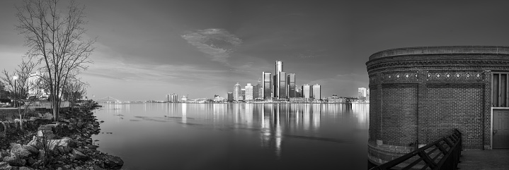 The Detroit skyline as seen from across the Detroit River, in Windsor, Ontario, Canada.