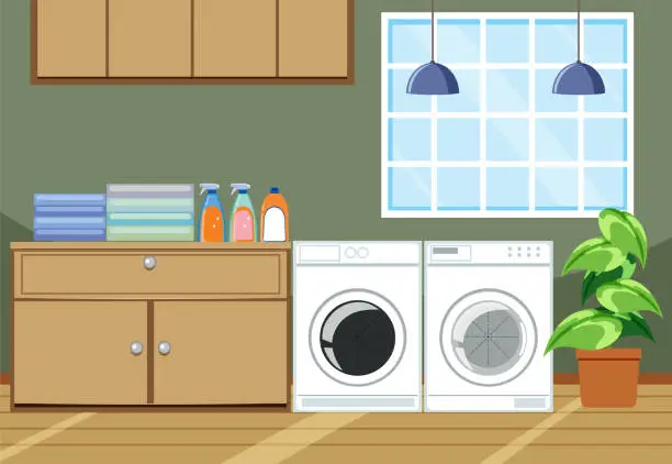 Vector illustration of Laundry room interior design with furnitures