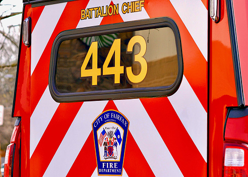 Fairfax, Virginia, USA - February 12, 2016: Close-up image of the City of Fairfax Fire Department’s 443 Battalion Chief’s vehicle at an accident.