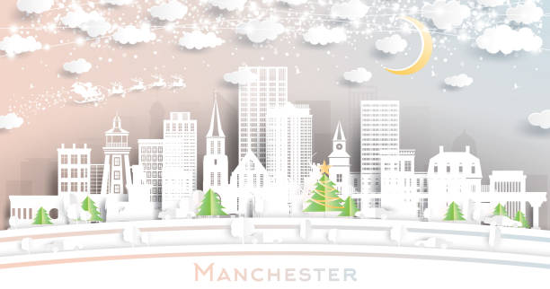 manchester, new hampshire. zimowa panorama miasta w stylu papieru z płatkami śniegu, księżycem i neonową girlandą. - manchester city stock illustrations