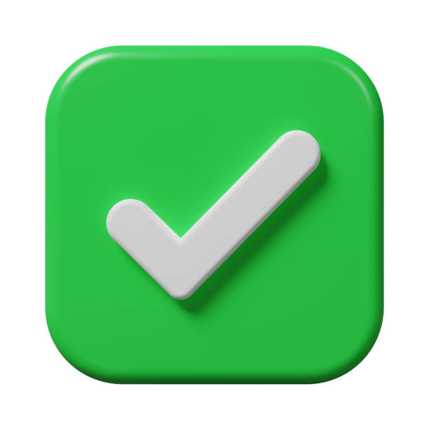istock Green check, correct, like mark in a square icon isolated on white background. Approved, pass, permission, checklist, poll vote, confirm sign on business agreement contact symbol concept. 3d rendering 1444339378