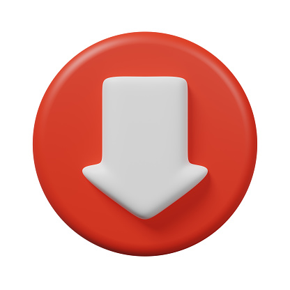 Down arrow on red circle shape button isolated on white background. Connection file sharing data transfer, Decrease sign, web browser app information download system symbol concept. 3d rendering