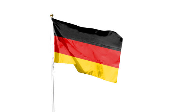 istock Germany flag isolated on white background with clipping path. Shut down that waving flag. symbol. Empty frame for text 1444340243