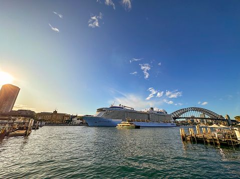 Sydney, Australia - November 16, 2022: Ovation of the Seas cruise ship moored at Circular Quay in Sydney