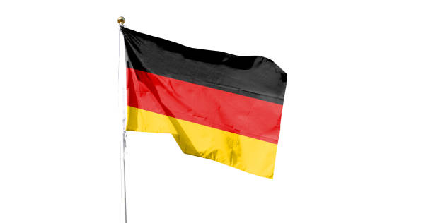 istock Germany flag isolated on white background with clipping path. Shut down that waving flag. symbol. Empty frame for text 1444340813