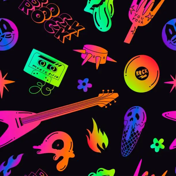 Vector illustration of Rock and roll seamless Pattern in neon colors. Retro print for graphic tee, sweartshirt. 1980s - 1990s grunge style. Vector illustration. Textile, paper. Concept for DJ, music festival.