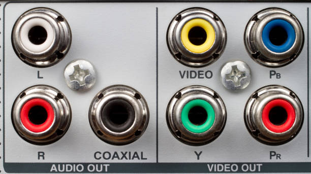 istock Panel with connectors for connecting audio and video devices. 1444342949