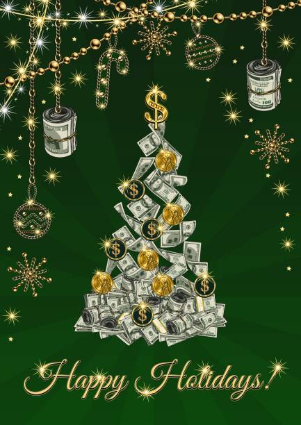 grußkarte mit bargeld. weihnachtsbaum aus 100-dollar-banknoten - jewelry paper currency gold currency stock-grafiken, -clipart, -cartoons und -symbole