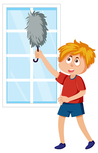 A boy cleaning window with feather duster illustration
