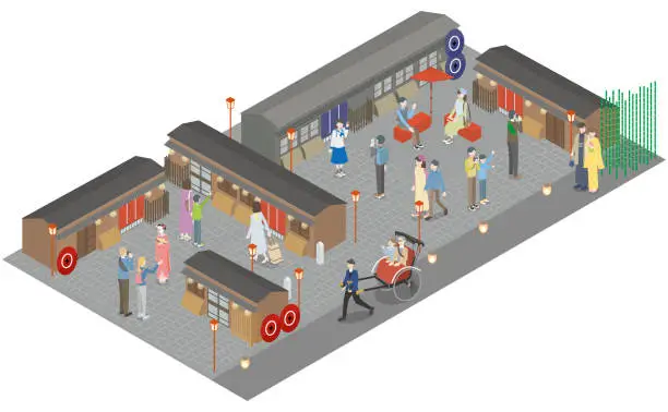 Vector illustration of Diverse people enjoying Kyoto cityscape and sightseeing in Japan