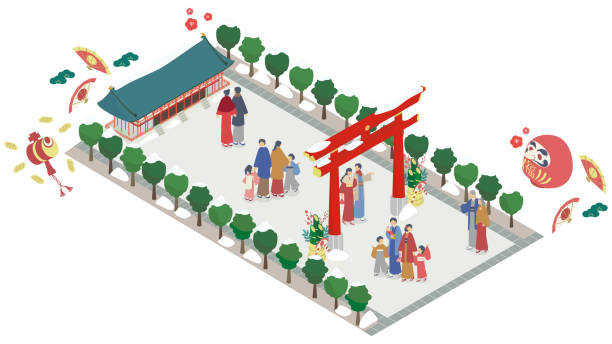 illustrations, cliparts, dessins animés et icônes de illustration isométrique de personnes heureuses se rendant dans un sanctuaire pour la visite du nouvel an - hatsumode