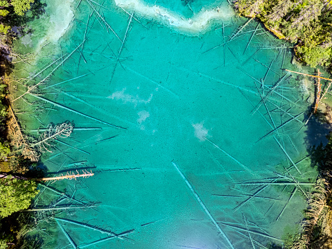 Aerial view of The Pools of Immortals, natural pools near Jiuzhaigou National Park in Sichuan province, China