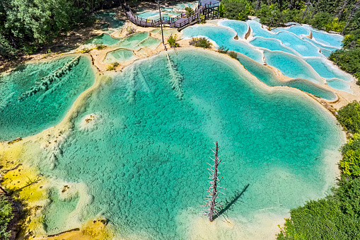 Aerial view of The Pools of Immortals natural pools near Jiuzhaigou National Park in Sichuan province, China