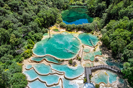Aerial view of The Pools of Immortals natural pools near Jiuzhaigou National Park in Sichuan province, China
