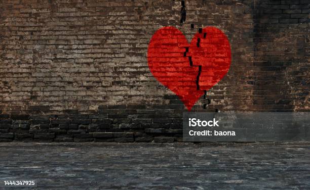 Red Heart On A Cracked Wall Stock Photo - Download Image Now - Broken Heart, Separation, Love - Emotion