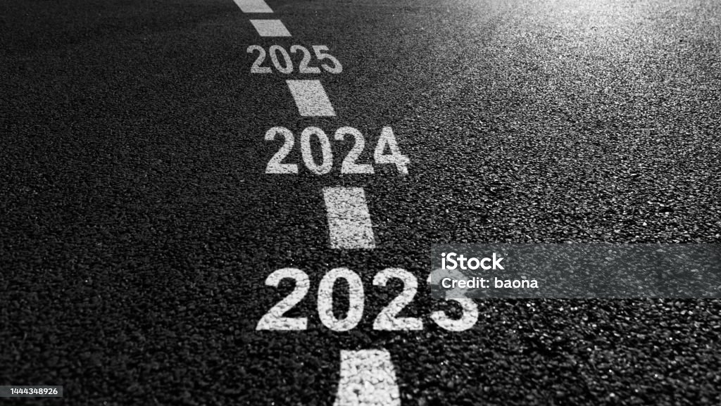New year 2023, 2024 and 2025 on asphalt road 2025 Stock Photo