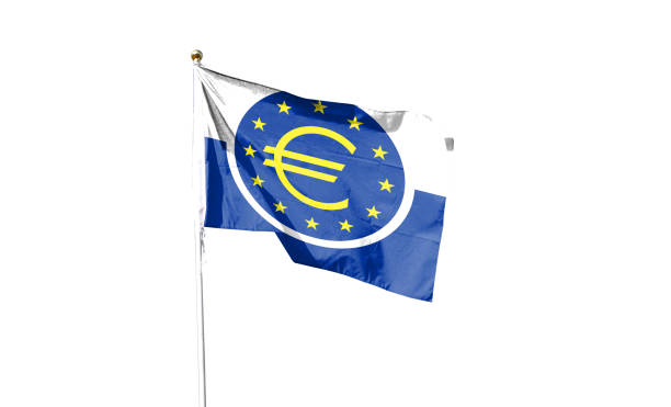 istock European Central Bank flag isolated on white background with clipping path. Shut down that waving flag. symbol. Empty frame for text 1444352076