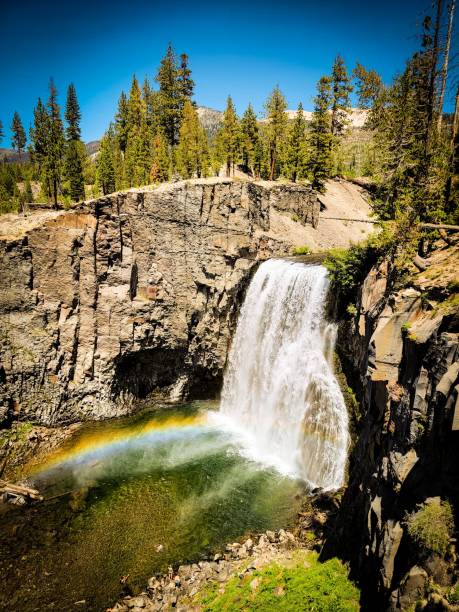 istock View of Rainbow Falls at Mammoth Lakes, CA. Waterfall flowing down from rocky cliffs to a pond 1444357195