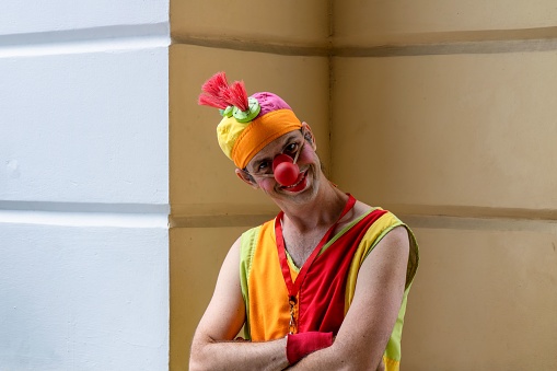 Matanzas, Cuba – June 02, 2022: A portrait of a clown performing outdoors, Matanzas, Cuba