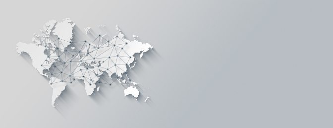 World map and digital network illustration isolated on a white background. Horizontal banner