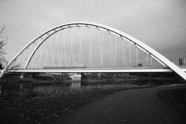 istock Low angle view of a white bridge constructed above the water 1444361407