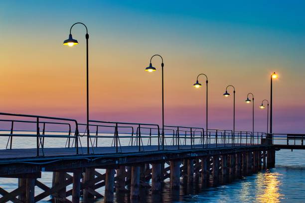 istock Boardwalk on the water with lights during sunset 1444361682
