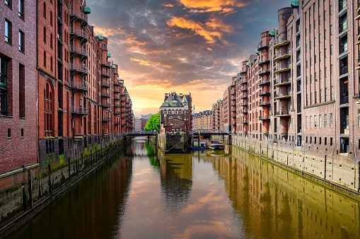 A view of Hamburg's moated castle in the warehouse district