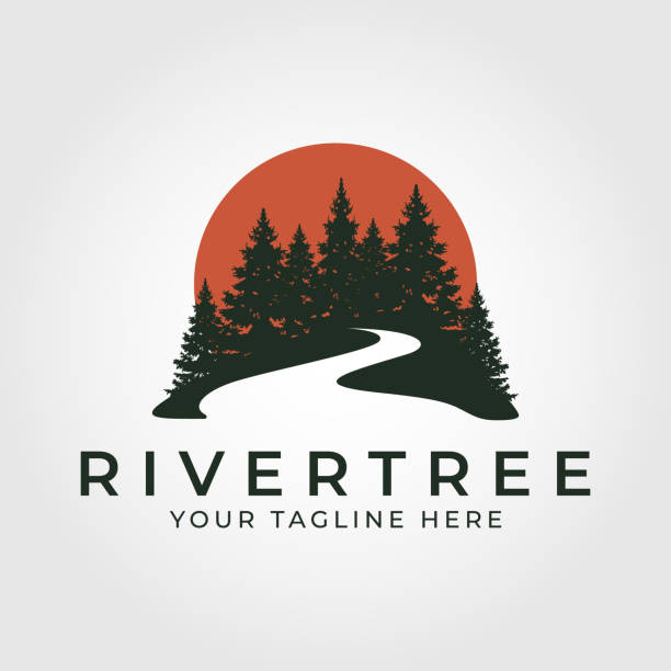 illustrazioni stock, clip art, cartoni animati e icone di tendenza di alberi di pino sempreverdi e fiume con il disegno vettoriale dello sfondo del tramonto - pine wood forest river