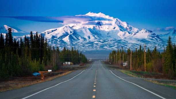 istock Highway surrounded by dense trees and  structures against a snow-capped mountain 1444363176