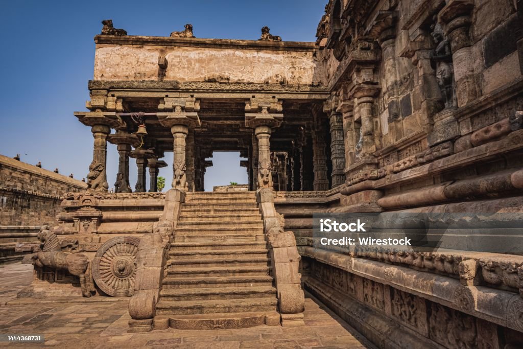 Shri Airavatesvara Temple is a Hindu temple located in Dharasuram, Kumbakonam, Tamil Nadu. Shri Airavatesvara Temple is a Hindu temple located in Dharasuram, Kumbakonam, Tamil Nadu. It was built by Chola emperor Rajaraja-2. Ancient Stock Photo