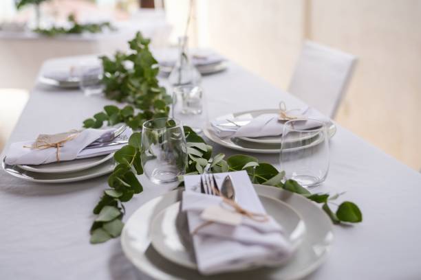 istock Interior of restaurant with decorated table for wedding 1444368885
