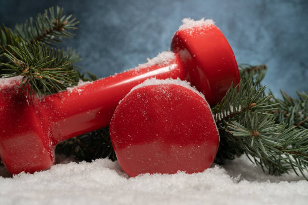 istock Christmas composition with gym dumbbells and tree branches on a white snow. 1444374192