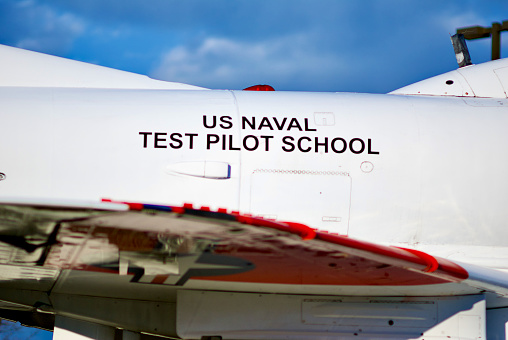 Patuxent River, Maryland, USA - February 13, 2016: Close-up of a U.S. Navy McDonnell Douglas TA-4J Skyhawk jet fighter/trainer on static display at the U.S. Naval Test Pilot School at Naval Air Station Patuxent River.