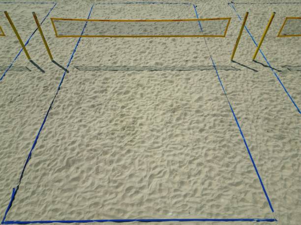 A Drone shot of a sandy volleyball field