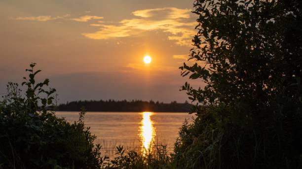 puesta de sol en white lake manitoba, en el parque provincial whiteshell con una isla al fondo - white lake fotografías e imágenes de stock