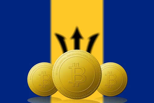 Three Bitcoins cryptocurrency with Barbados flag on background 3D ILLUSTRATION.