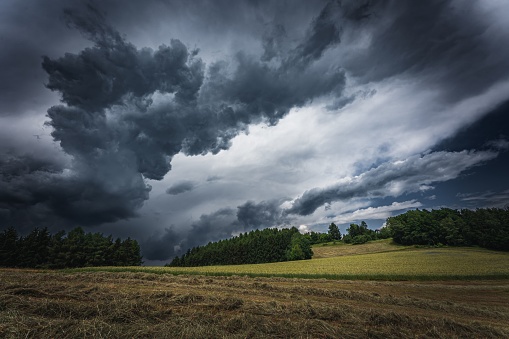 The dramatic thunderclouds over a field with green trees