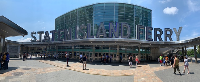 New York, United States – July 16, 2019: A panoramic view of the Staten Island Ferry in lower Manhattan.