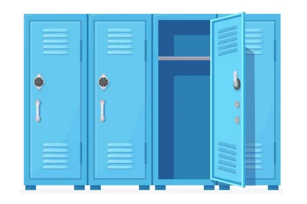 Vector illustration of School locker. Students metal lockers or gym sports cabinets for college teenagers, cloakroom cupboard with open closed doors, fitness steel closet cartoon neat vector illustration