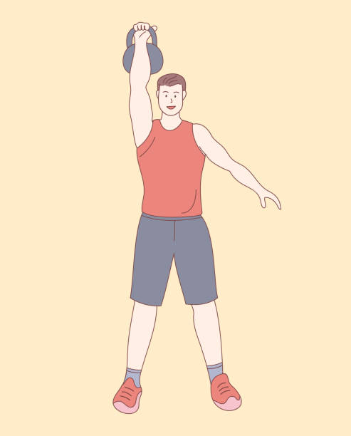 man lifting kettlebell in gym standing with outline or line and clean simple style man lifting kettlebell in gym standing with outline or line and clean simple style vector illustration cartoon muscular man lifting heavy weights stock illustrations