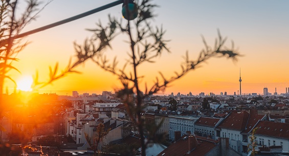 A beautiful sunset over the city of Berlin, Germany with tree branches and lights foreground