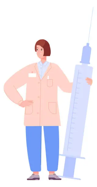 Vector illustration of Nurse with giant syringe. Medical shot injection