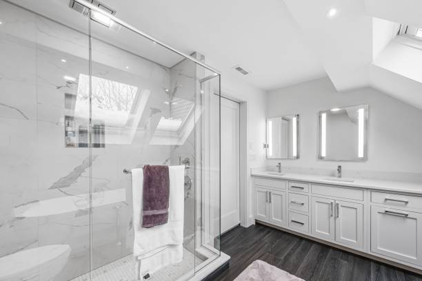 istock White minimalist bathroom interior with glass partition 1444380106