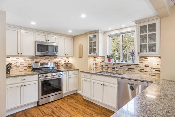 istock Inside view of the modern design kitchen made of wood 1444380268
