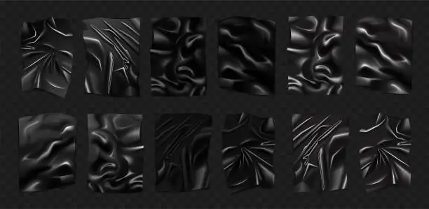 Vector illustration of Black plastic set with wrinkles and creases on surface, 3d realistic blank latex sheet