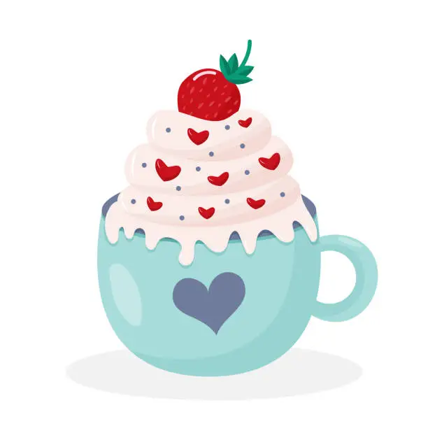 Vector illustration of Coffee mug with heart ornament, whipped cream with strawberry on the top and sweet hearts. Cute hot drink isolated on white background.